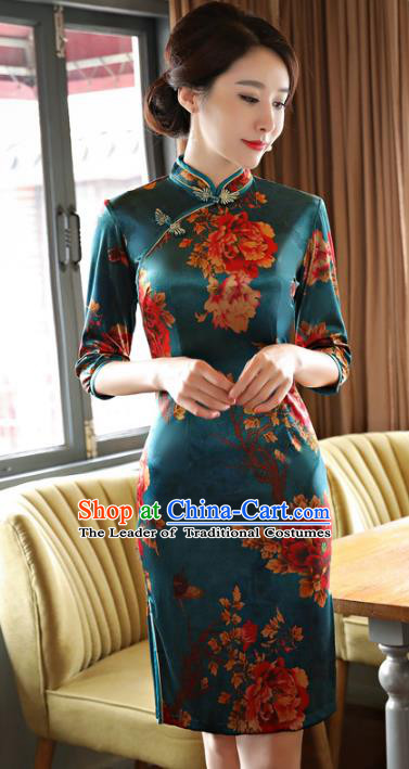 Top Grade Chinese Elegance Peacock Green Watered Gauze Qipao Dress National Costume Traditional Mandarin Cheongsam for Women