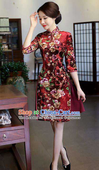 Chinese National Costume Handmade Printing Purplish Red Qipao Dress Traditional Cheongsam for Women