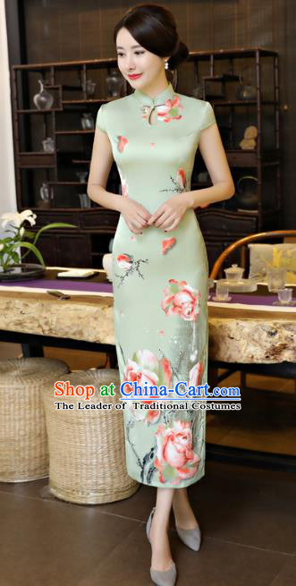 Chinese National Costume Tang Suit Qipao Dress Traditional Printing Rose Green Cheongsam for Women