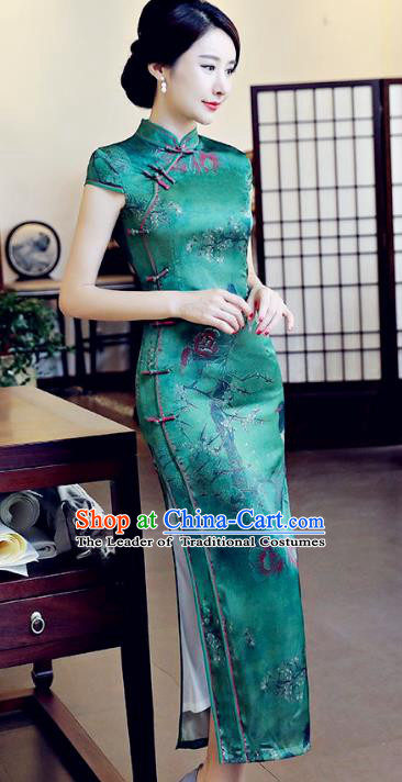 Chinese National Costume Tang Suit Green Silk Qipao Dress Traditional Printing Cheongsam for Women