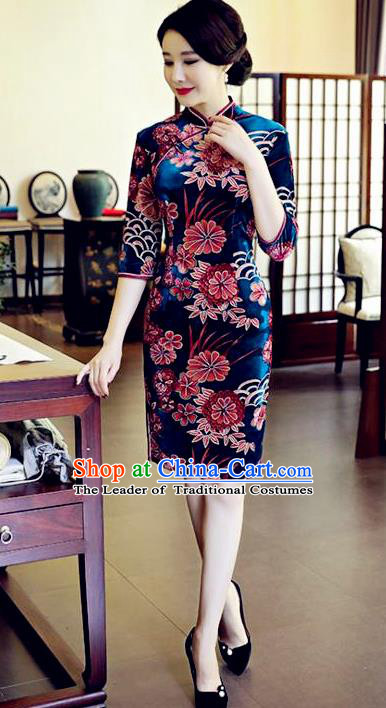 Chinese National Costume Handmade Blue Velvet Qipao Dress Traditional Tang Suit Printing Chrysanthemum Cheongsam for Women