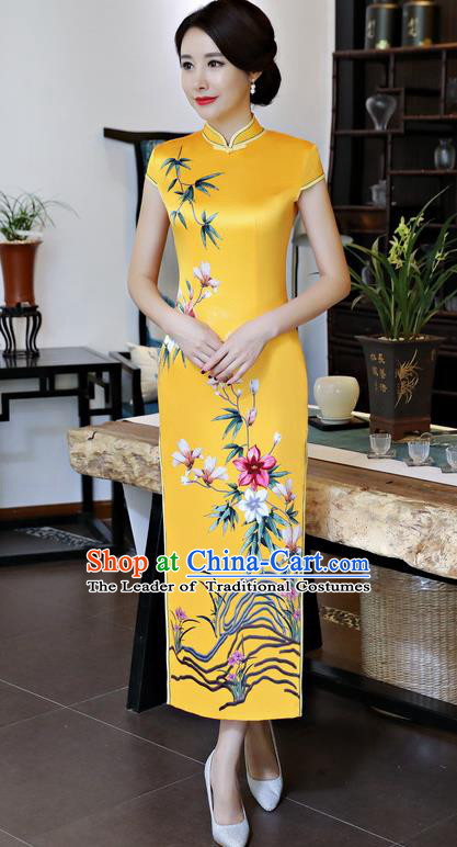 Chinese National Costume Handmade Yellow Silk Qipao Dress Traditional Tang Suit Printing Cheongsam for Women
