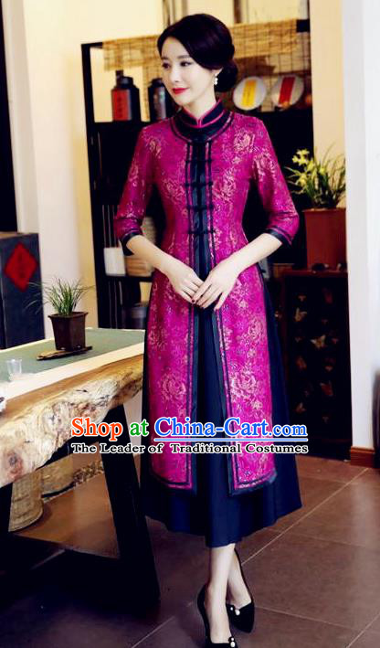 Chinese National Costume Handmade Rosy Qipao Dress Traditional Tang Suit Two-pieces Cheongsam for Women