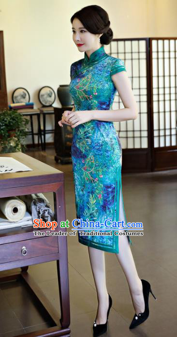 Chinese National Costume Handmade Tang Suit Blue Qipao Dress Traditional Printing Cheongsam for Women