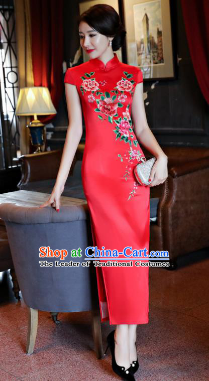 Chinese National Costume Handmade Tang Suit Qipao Dress Traditional Printing Peony Red Silk Cheongsam for Women