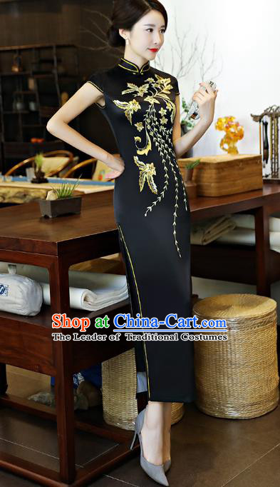 Chinese National Costume Tang Suit Printing Black Satin Qipao Dress Traditional Cheongsam for Women