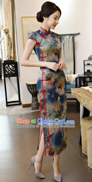 Chinese National Costume Tang Suit Printing Lotus Navy Qipao Dress Traditional Republic of China Cheongsam for Women