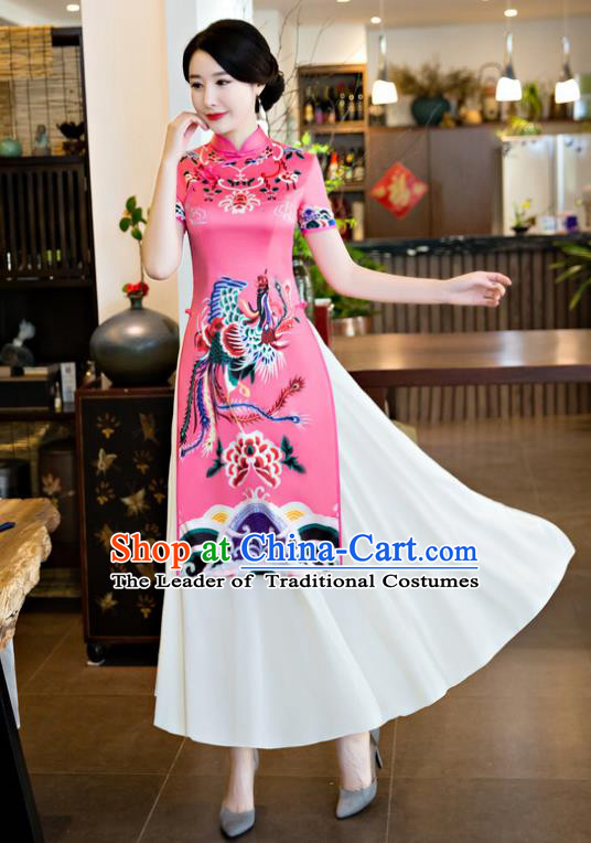 Chinese National Costume Retro Printing Phoenix Peony Pink Qipao Dress Traditional Republic of China Tang Suit Cheongsam for Women