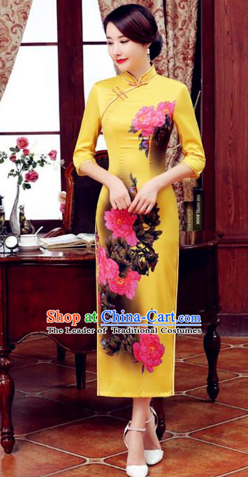 Top Grade Chinese Elegant Printing Peony Yellow Cheongsam Traditional Republic of China Tang Suit Silk Qipao Dress for Women