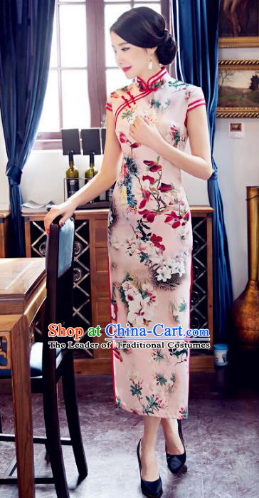 Top Grade Chinese Elegant Silk Cheongsam Traditional China Tang Suit Printing Pink Qipao Dress for Women