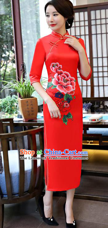 Traditional Top Grade Chinese Elegant Printing Peony Cheongsam China Tang Suit Red Qipao Dress for Women
