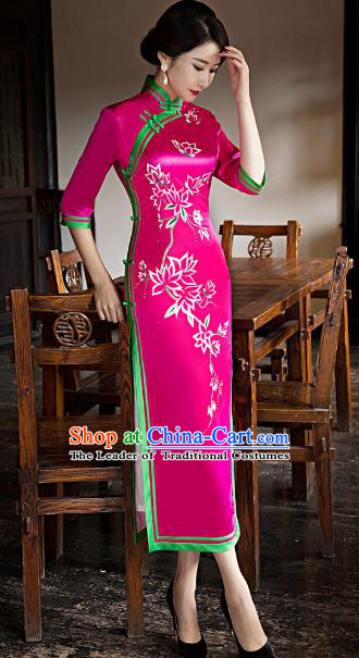 Traditional Chinese Elegant Printing Rosy Silk Cheongsam China Tang Suit Qipao Dress for Women