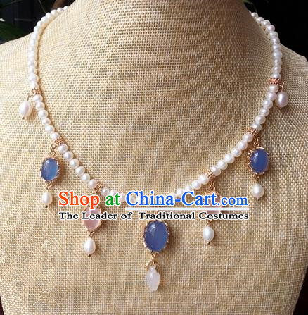 Traditional Handmade Chinese Ancient Classical Accessories Blue Crystal Necklace Pearls Hanfu Necklet for Women