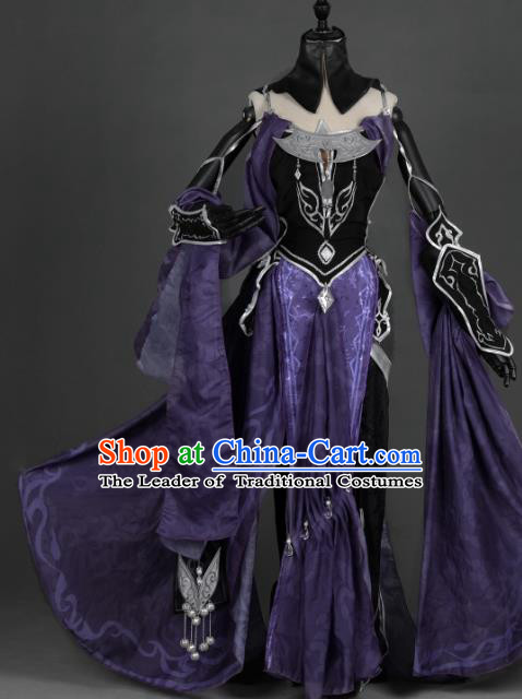 Chinese Ancient Tang Dynasty Young Lady Costume Cosplay Female Knight-errant Purple Dress Hanfu Clothing for Women