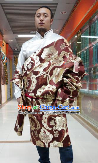 Chinese Traditional Zang Nationality Purplish Red Tibetan Robe, China Tibetan Ethnic Heishui Dance Costume for Men
