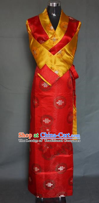 Chinese Traditional Zang Nationality Red Brocade Dress, China Tibetan Ethnic Heishui Dance Costume for Women