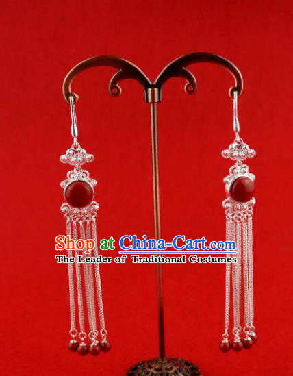 Chinese Traditional Zang Nationality Earrings Accessories, China Tibetan Ethnic Silver Eardrop for Women
