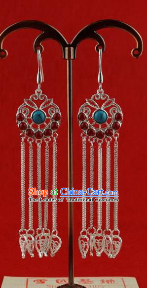 Chinese Traditional Zang Nationality Tassel Earrings Accessories, China Tibetan Ethnic Silver Eardrop for Women