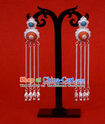 Chinese Traditional Zang Nationality Blue Earrings Accessories, China Tibetan Ethnic Silver Tassel Eardrop for Women
