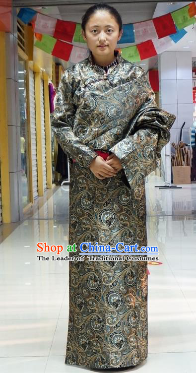 Chinese Zang Nationality Atrovirens Tibetan Robe, China Traditional Tibetan Ethnic Heishui Dance Costume for Women