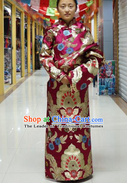 Chinese Zang Nationality Brocade Tibetan Robe, China Traditional Tibetan Ethnic Heishui Dance Costume for Women