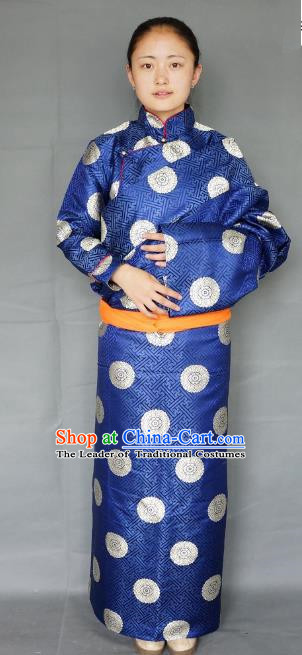 Chinese Zang Nationality Navy Tibetan Robe, China Traditional Tibetan Ethnic Heishui Dance Costume for Women