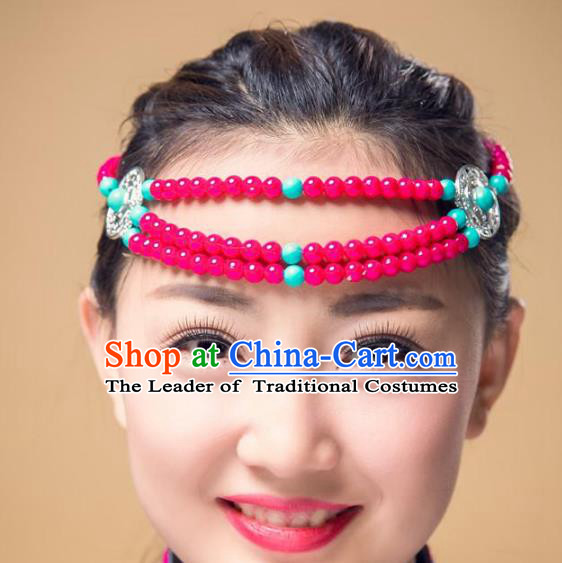 Traditional Chinese Mongol Nationality Hair Accessories, Mongolian Minority Rosy Beads Headwear for Women