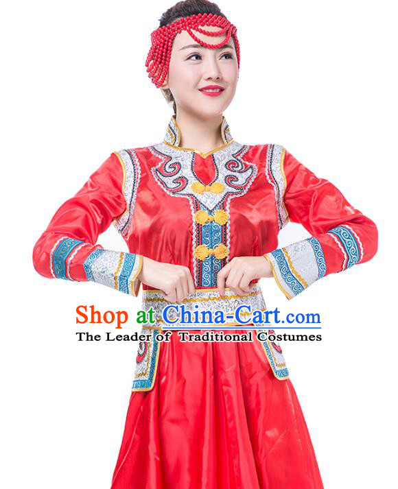 Traditional Chinese Mongol Nationality Costume, Mongolian Female Folk Dance Red Dress Clothing for Women