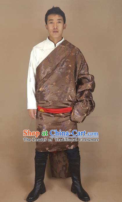 Chinese Traditional Zang Nationality Brown Tibetan Robe, China Tibetan Ethnic Folk Dance Costume for Men