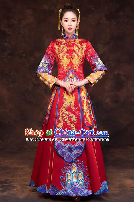 Chinese Ancient Wedding Costume Traditional Xiuhe Suit Bride Embroidered Phoenix Red Full Dress for Women
