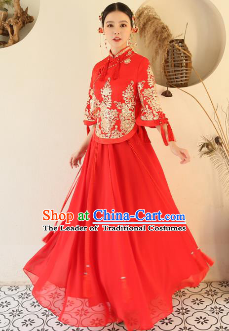 Chinese Traditional Wedding Red Costume Ancient Bride Embroidered Xiuhe Suit Full Dress for Women
