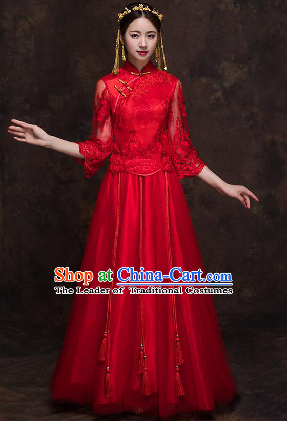 Chinese Traditional Wedding Red Lace Costume Ancient Bride Embroidered Xiuhe Suit Full Dress for Women