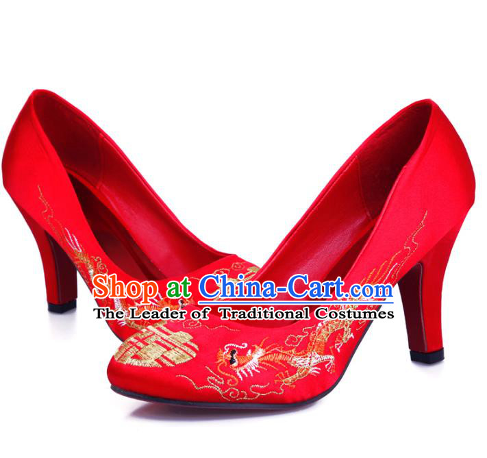 Chinese Traditional Handmade Wedding Embroidered Shoes Bride Red High-heeled Shoes for Women