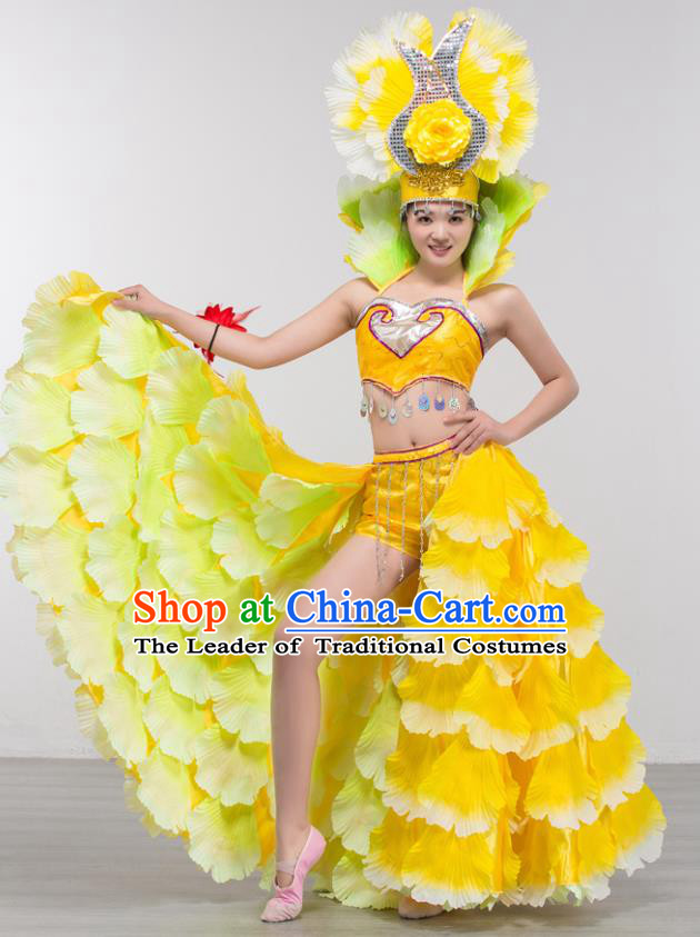 Top Grade Stage Show Costume Chorus Modern Dance Spanish Dance Yellow Dress and Headpiece for Women