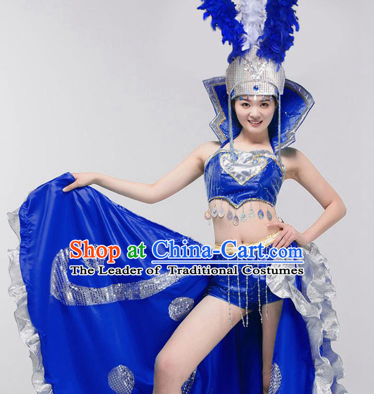 Spanish Traditional Paso Doble Costume Opening Dance Modern Dance Big Swing Royalblue Dress and Headpiece for Women