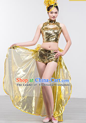 Top Grade Stage Performance Jazz Dance Costume Opening Modern Dance Golden Clothing and Headpiece for Women