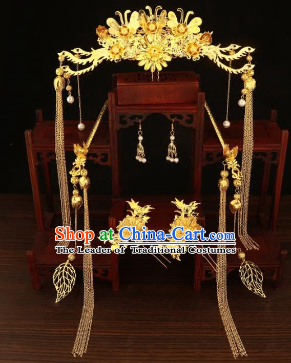 Chinese Traditional Xiuhe Suit Hair Accessories Handmade Golden Phoenix Coronet Ancient Hairpins Complete Set for Women