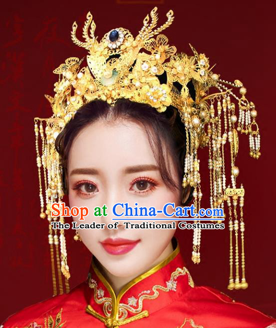 Chinese Traditional Hair Accessories Xiuhe Suit Handmade Pearls Tassel Phoenix Coronet Ancient Hairpins Tassel Step Shake for Women