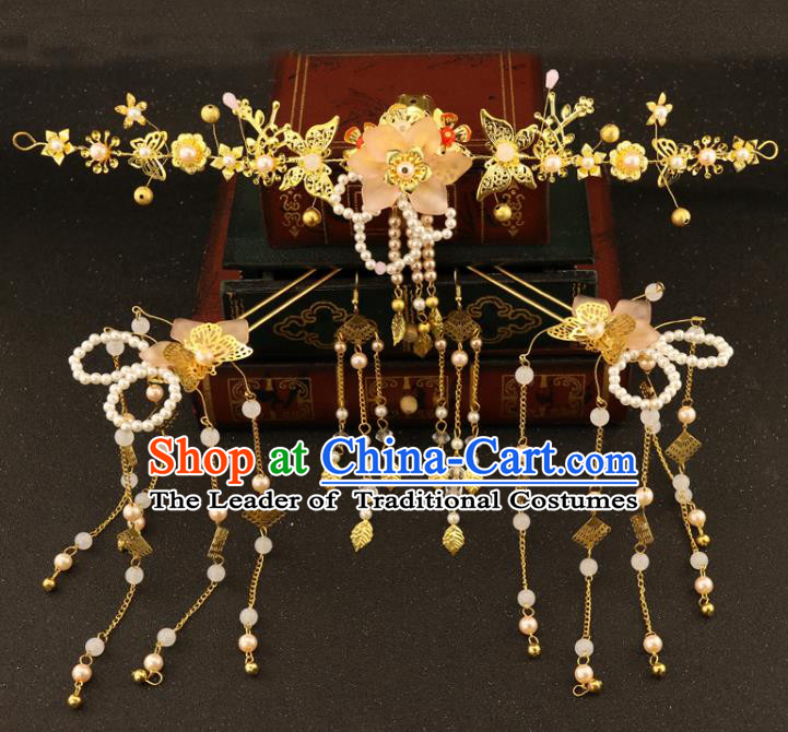 Chinese Traditional Xiuhe Suit Hair Accessories Bride Butterfly Hair Clasp Ancient Jade Hairpins Complete Set for Women