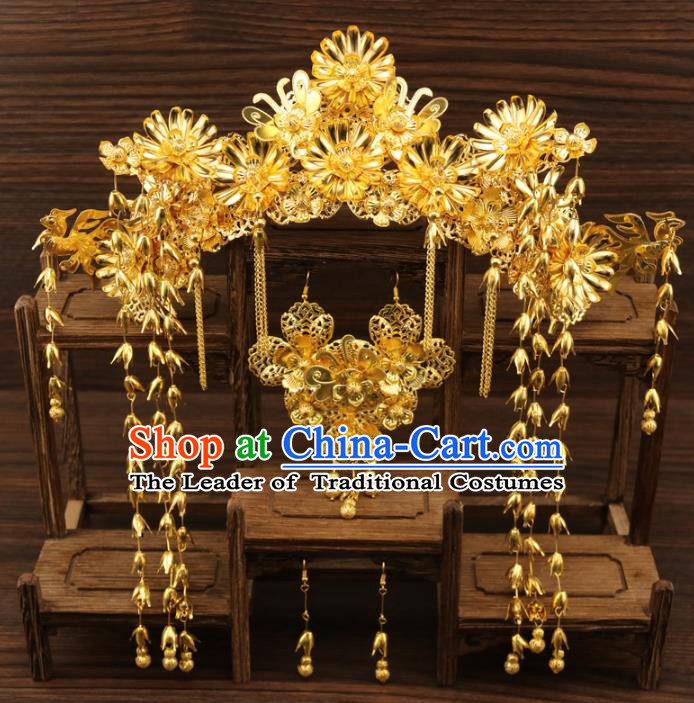 Chinese Traditional Xiuhe Suit Hair Accessories Bride Golden Phoenix Coronet Ancient Hairpins Complete Set for Women
