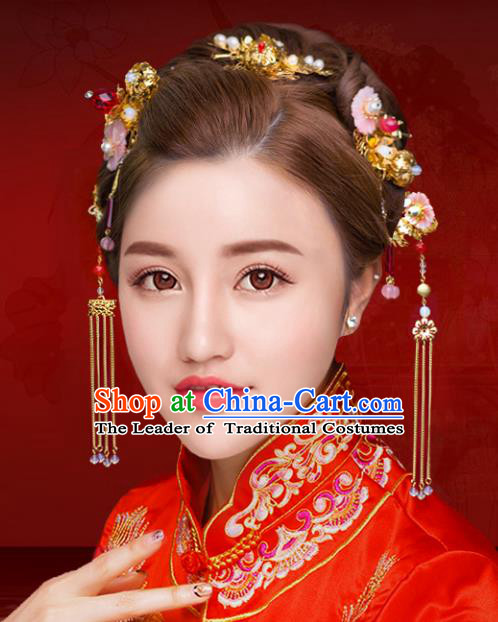 Chinese Traditional Xiuhe Suit Hair Accessories Shell Flowers Phoenix Coronet Ancient Hairpins Complete Set for Women
