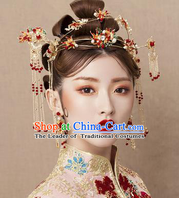Chinese Traditional Xiuhe Suit Hair Accessories Red Tassel Hair Clasp Ancient Hairpins Complete Set for Women