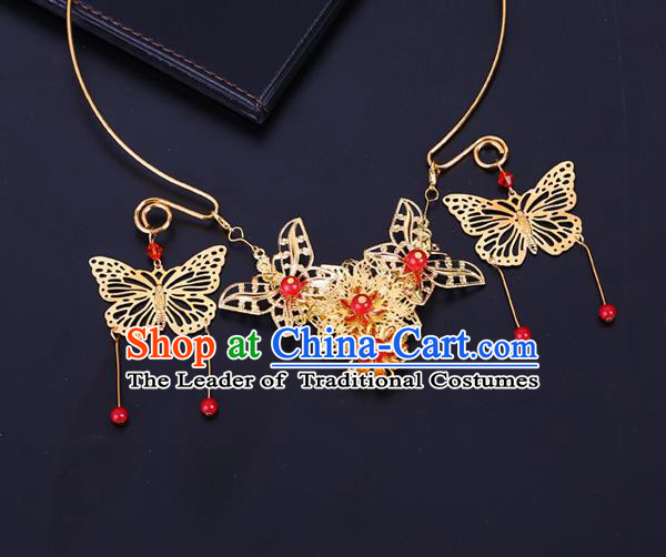 Traditional Chinese Jewelry Accessories Necklace Ancient Hanfu Golden Butterfly Tassel Necklet for Women