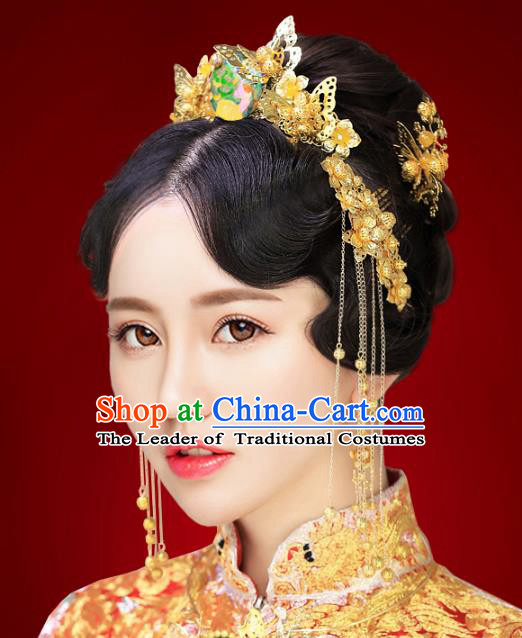 Chinese Traditional Xiuhe Suit Hair Accessories Ancient Empress Phoenix Coronet Hairpins and Necklace Complete Set for Women