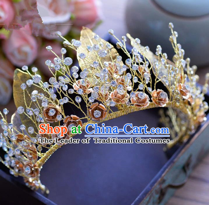 Top Grade Handmade Baroque Golden Leaf Royal Crown Bride Zircon Hair Imperial Crown for Women