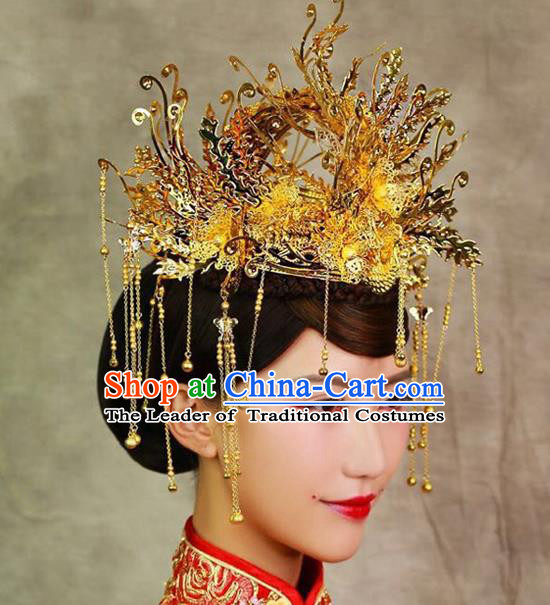 Chinese Ancient Handmade Xiuhe Suit Golden Phoenix Coronet Traditional Hairpins Hair Accessories for Women