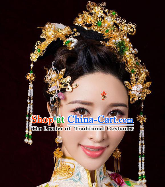 Chinese Ancient Handmade Xiuhe Suit Jade Phoenix Coronet Traditional Hairpins Hair Accessories for Women