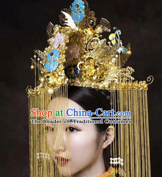 Chinese Ancient Handmade Palace Tassel Phoenix Coronet Hair Accessories Traditional Hairpins for Women
