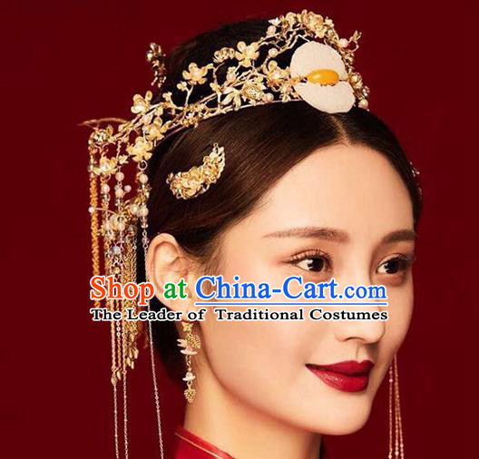 Chinese Ancient Handmade Palace Jade Phoenix Coronet Hair Accessories Traditional Hairpins Complete Set for Women