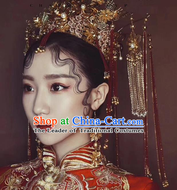 Chinese Ancient Handmade Palace Golden Phoenix Coronet Step Shake Hair Accessories Traditional Hairpins for Women